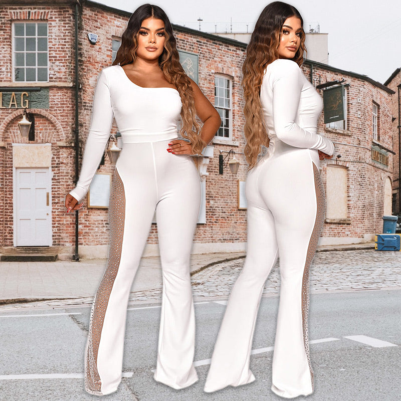 What should I wear tomorrow?💕Sexy Off-Shoulder Bodycon Rhinestone Leg Jumpsuit