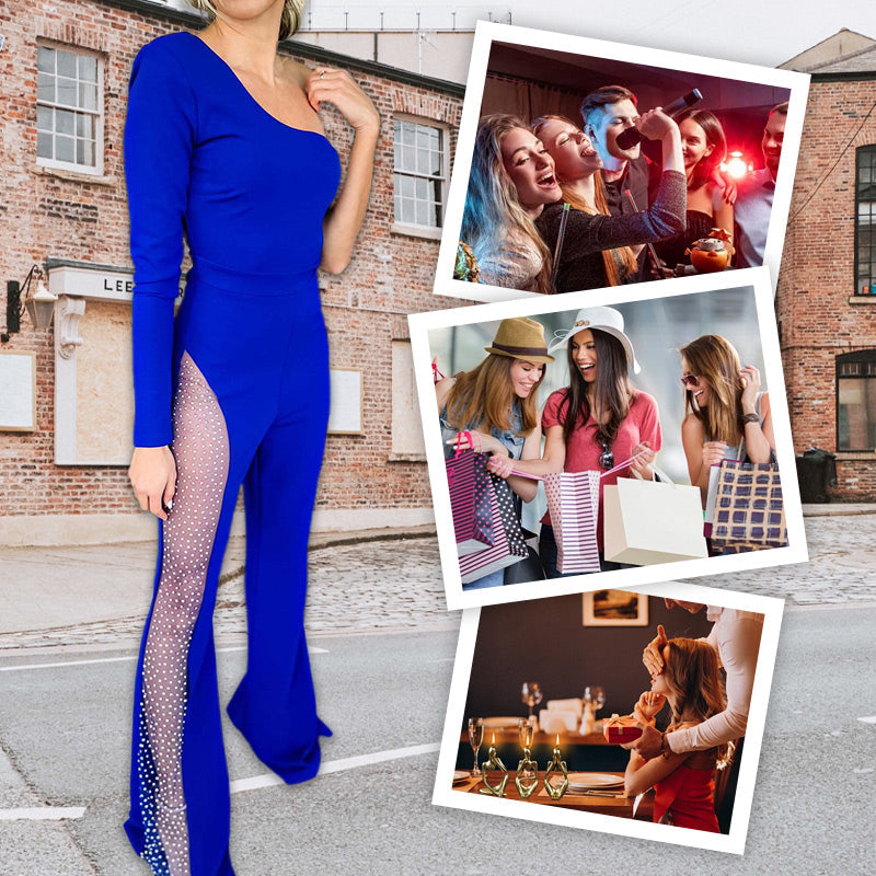 What should I wear tomorrow?💕Sexy Off-Shoulder Bodycon Rhinestone Leg Jumpsuit