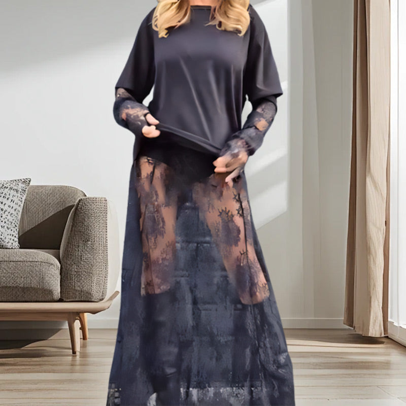 Women's Elegant Sheer Lace Dress with T-Shirt 2-Piece Set