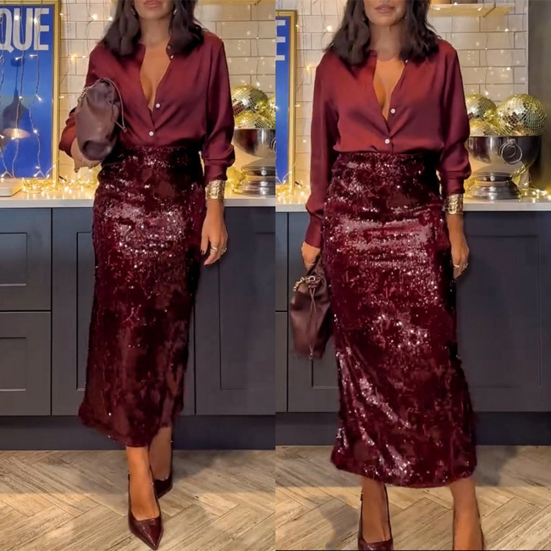 ✨What should I wear tomorrow?✨Women's Elegant Top & Sequin Skirt 2-Piece Set