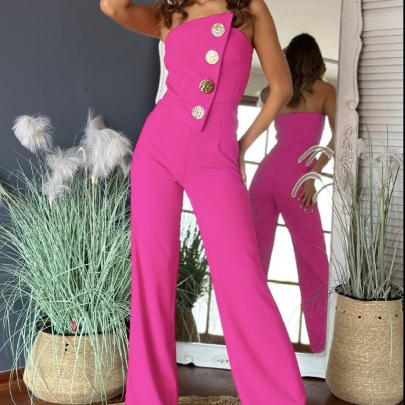 🎉What should I wear tomorrow? 🛍️Sleeveless Button Embellished Wide Leg Jumpsuit