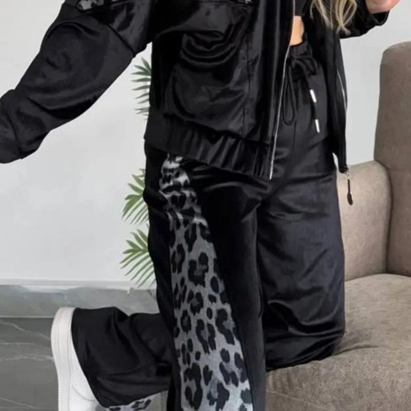 🔥What should I wear tomorrow?🔥 Women's Fashion Leopard Print Zipper Top&Drawstring Pants (2-Piece Set)