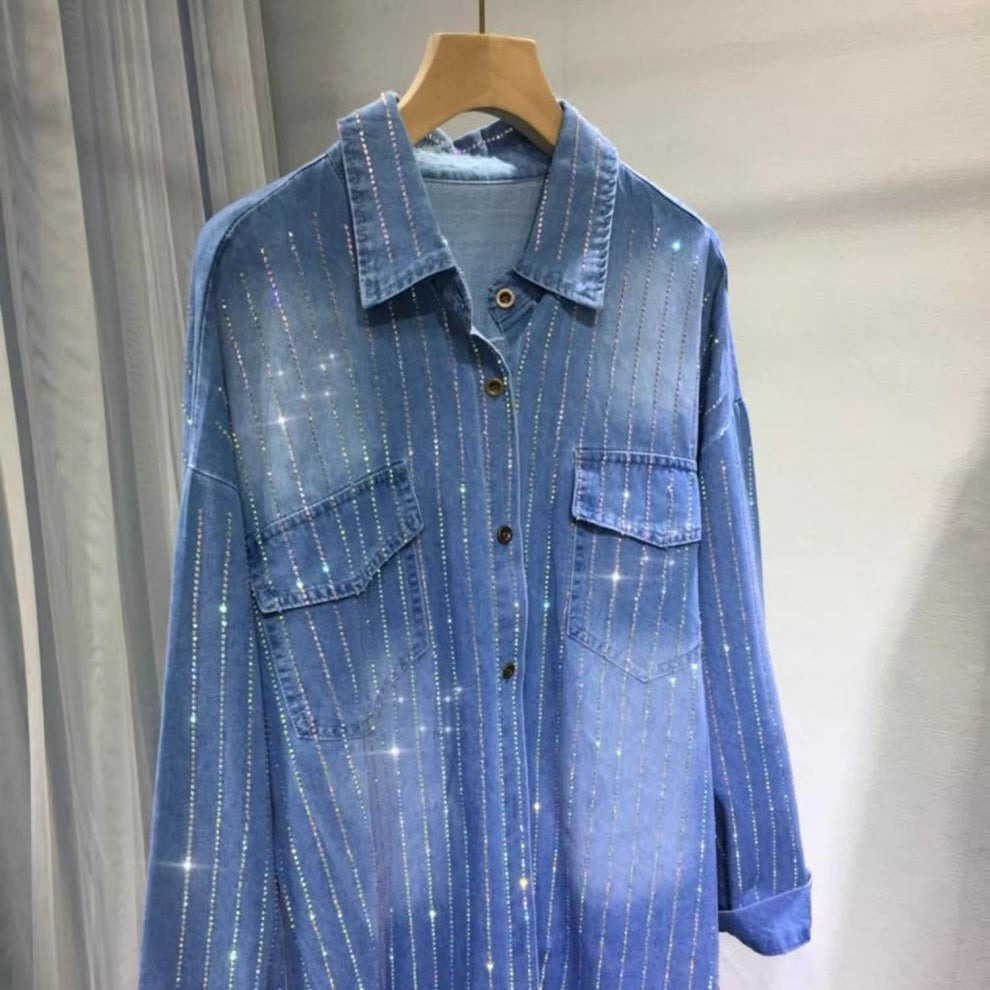 Women's Button Down Denim Shirt with Rhinestones