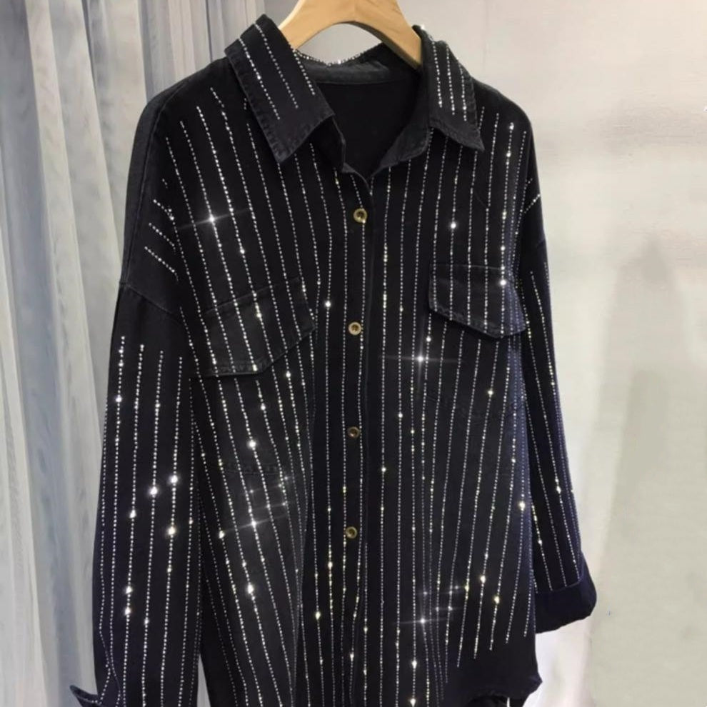 Women's Button Down Denim Shirt with Rhinestones