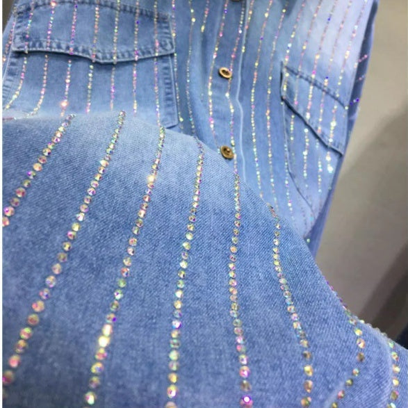 Women's Button Down Denim Shirt with Rhinestones