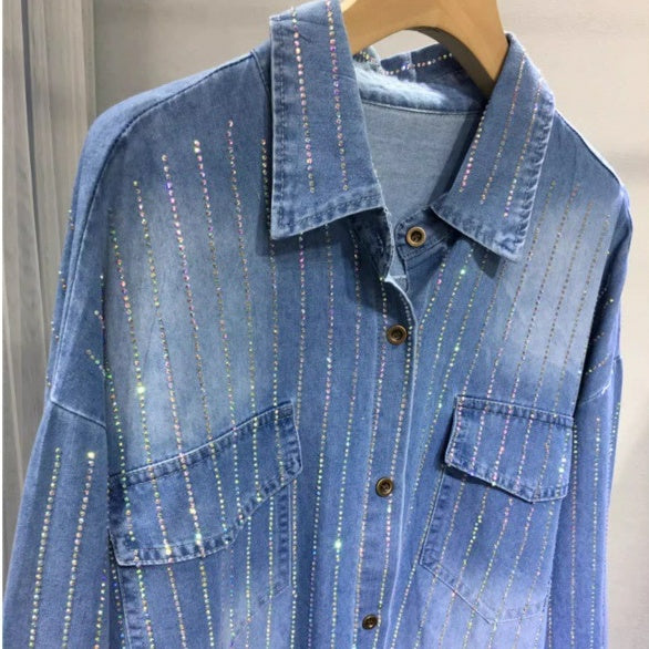 Women's Button Down Denim Shirt with Rhinestones
