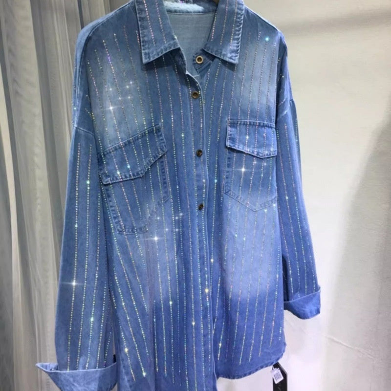 Women's Button Down Denim Shirt with Rhinestones