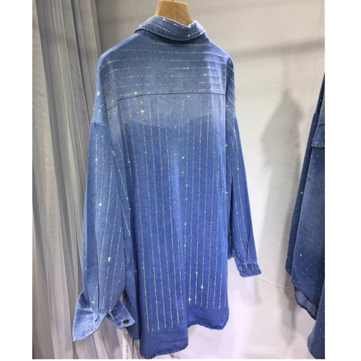 Women's Button Down Denim Shirt with Rhinestones