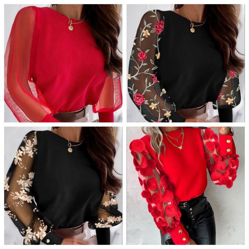 🔥What should I wear tomorrow?🔥 Women’s Flower Mesh Long-Sleeve Round Neck Tops