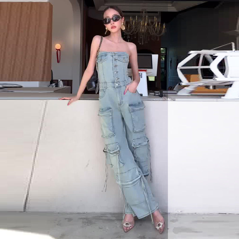 🔥What should I wear tomorrow?🔥Women's Retro Denim Strapless Cargo Jumpsuit