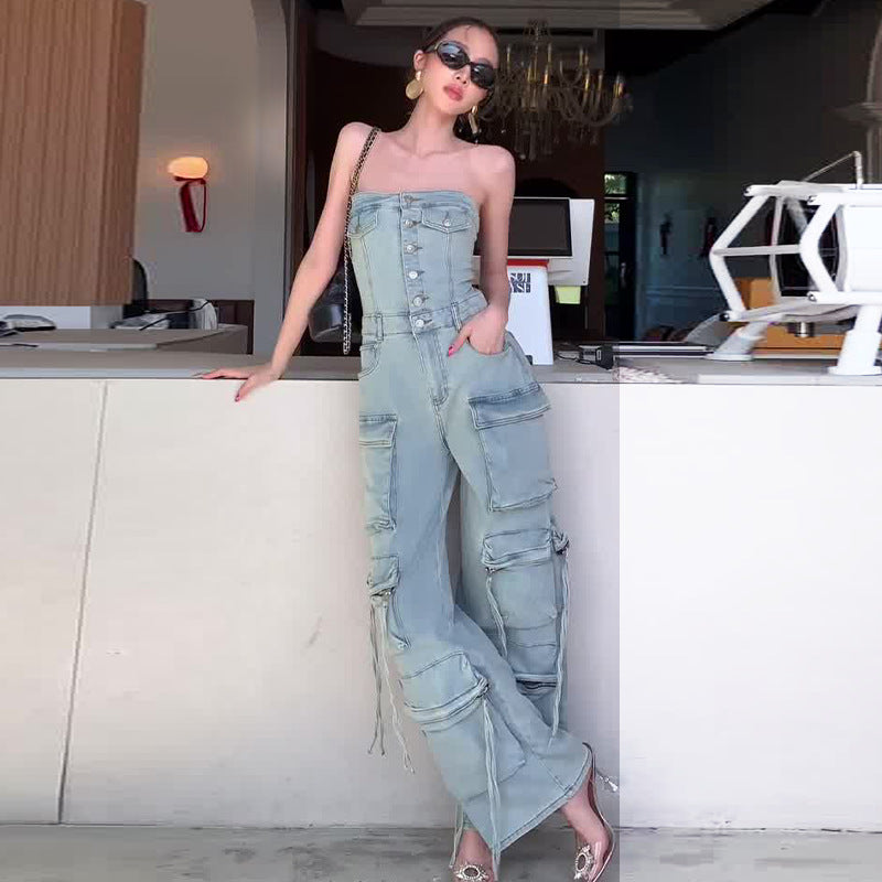 🔥What should I wear tomorrow?🔥Women's Retro Denim Strapless Cargo Jumpsuit