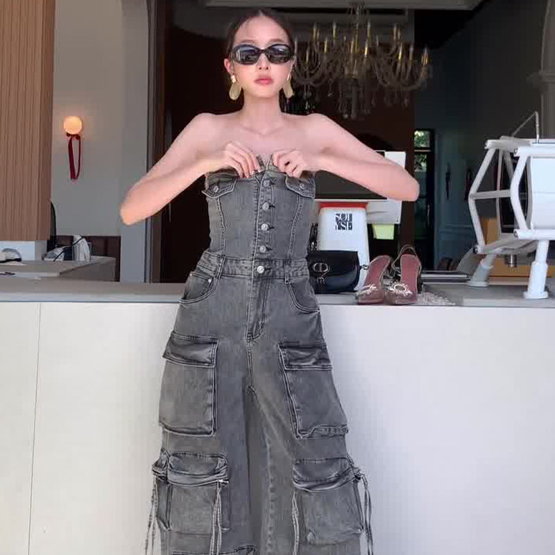 🔥What should I wear tomorrow?🔥Women's Retro Denim Strapless Cargo Jumpsuit