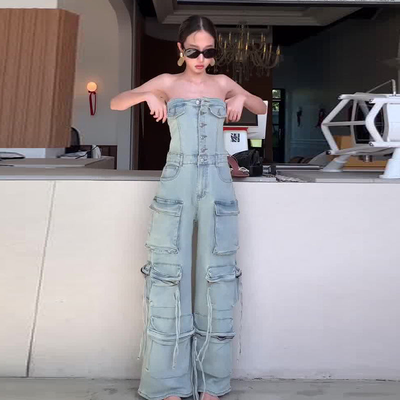 🔥What should I wear tomorrow?🔥Women's Retro Denim Strapless Cargo Jumpsuit