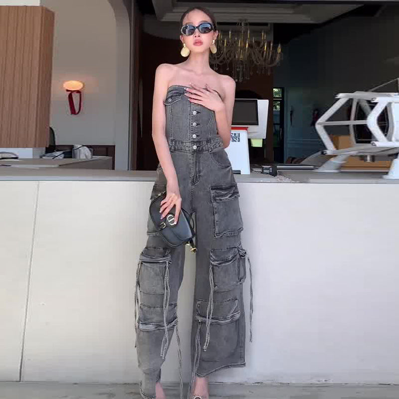 🔥What should I wear tomorrow?🔥Women's Retro Denim Strapless Cargo Jumpsuit