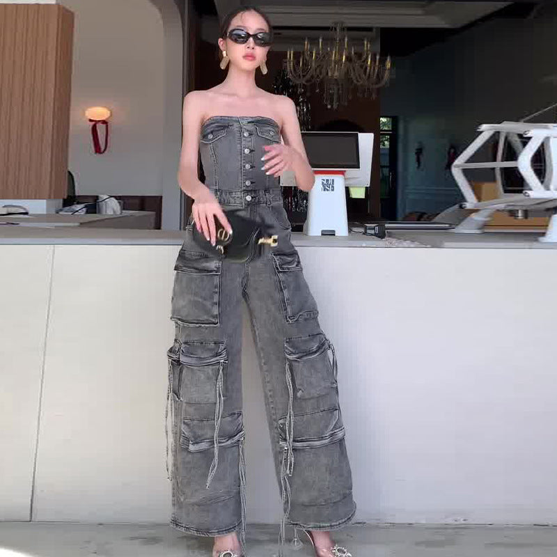 🔥What should I wear tomorrow?🔥Women's Retro Denim Strapless Cargo Jumpsuit