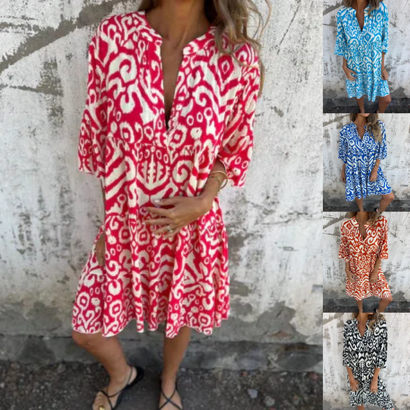 ๐What should I wear tomorrow?๐V-Neck Printed Three-Quarter Sleeve Dress