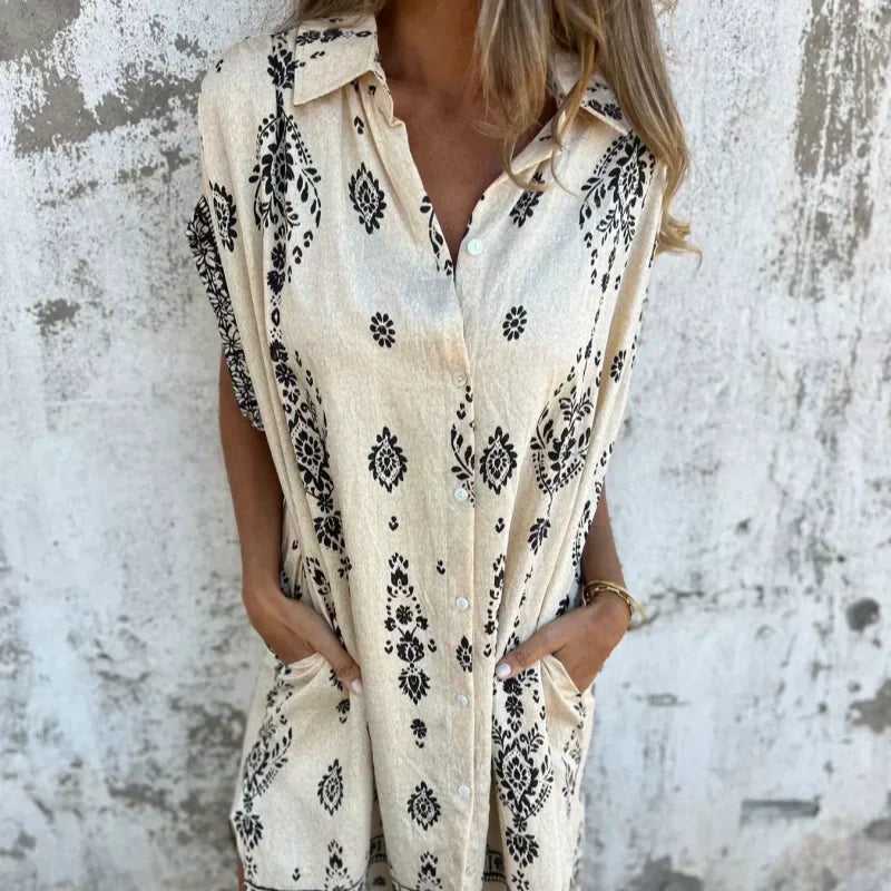 💕What should I wear tomorrow?💕Loose-Fit Printed Short Sleeve Dress with Pockets