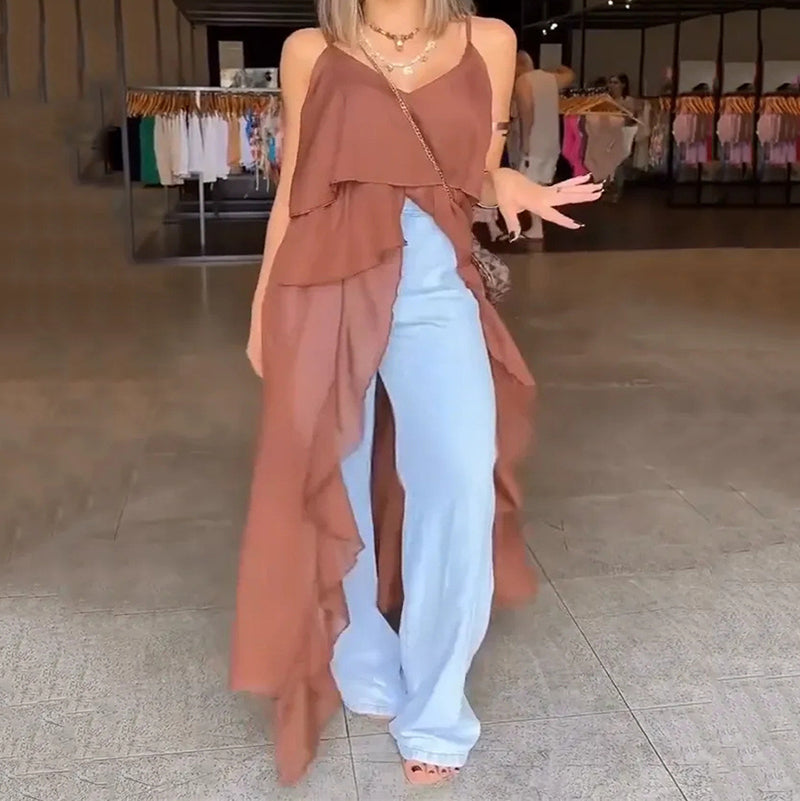 What should I wear tomorrow? Women's Layered Ruffle Slit Hem Camisole Tunic