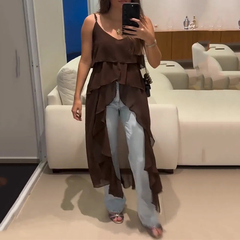 What should I wear tomorrow? Women's Layered Ruffle Slit Hem Camisole Tunic
