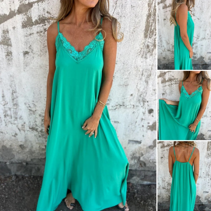 What should I wear tomorrow? đź’•Women's Elegant Lace Trim V-Neck Spaghetti Strap Maxi Dress