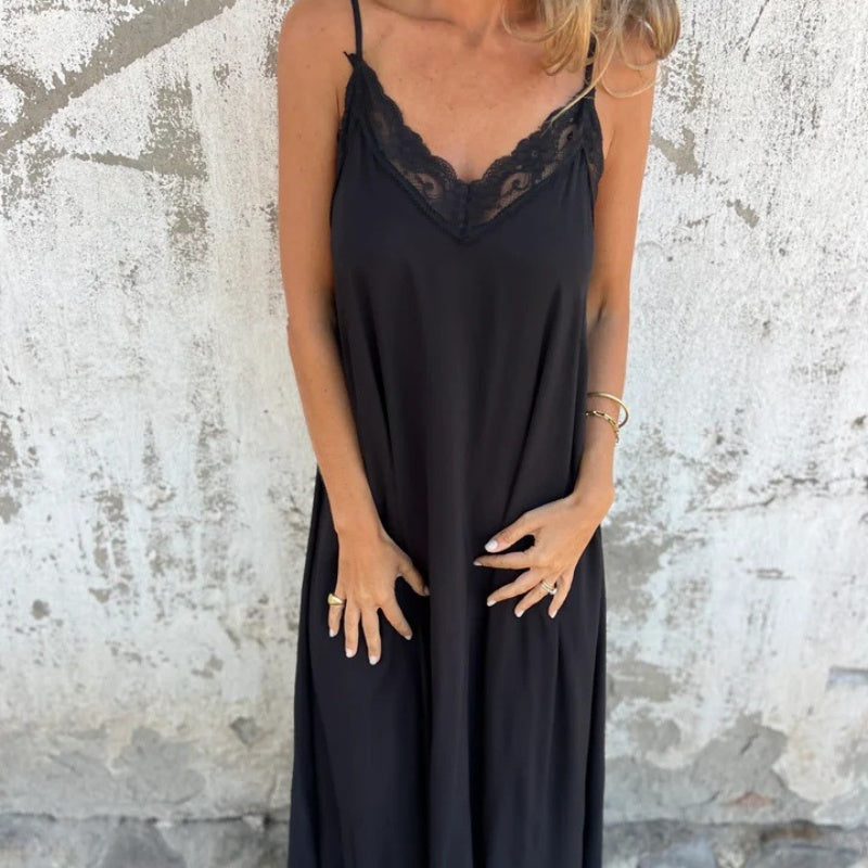 What should I wear tomorrow? đź’•Women's Elegant Lace Trim V-Neck Spaghetti Strap Maxi Dress
