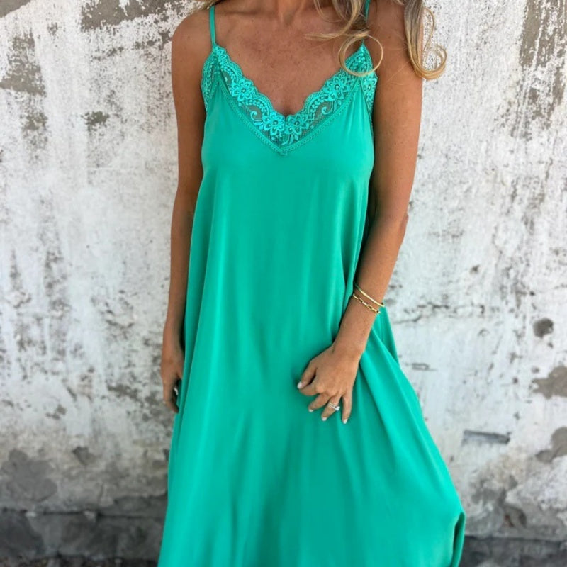 What should I wear tomorrow? đź’•Women's Elegant Lace Trim V-Neck Spaghetti Strap Maxi Dress