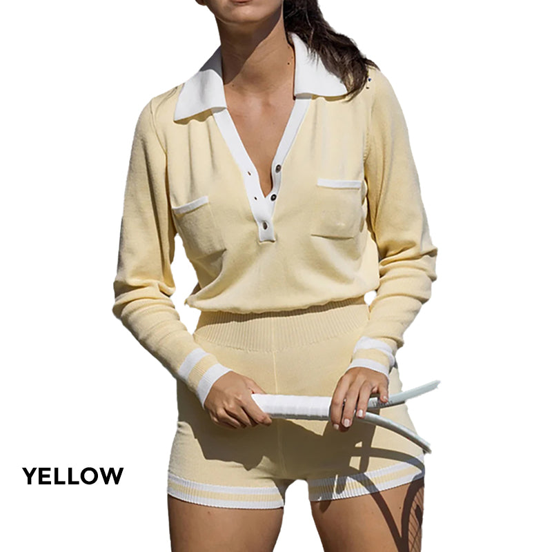 💕What should I wear tomorrow?💕Fashion Long Sleeve Knit V-Neck Short Jumpsuit