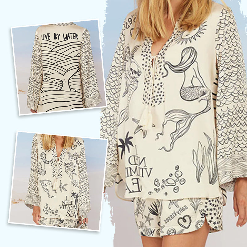 Live By Water Unique Print Tassle Shirt and Elastic Waist Shorts Set