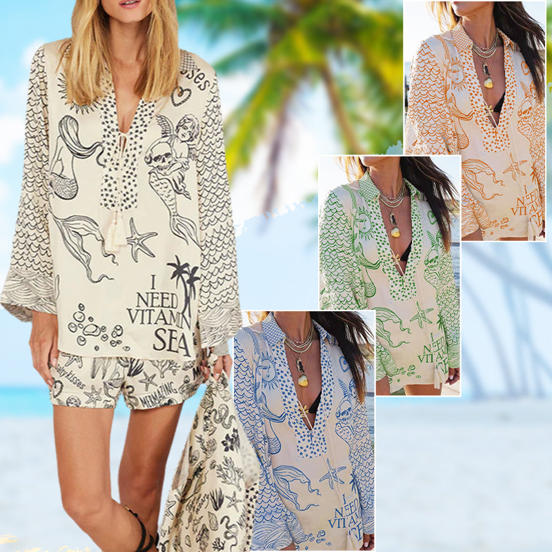 Live By Water Unique Print Tassle Shirt and Elastic Waist Shorts Set