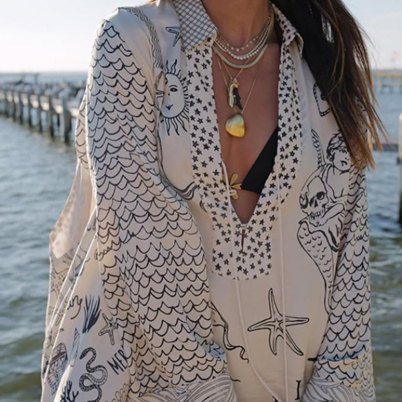 Live By Water Unique Print Tassle Shirt and Elastic Waist Shorts Set