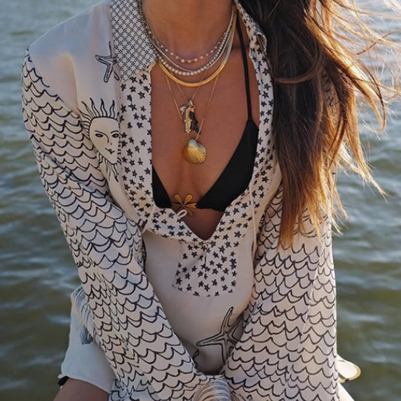 Live By Water Unique Print Tassle Shirt and Elastic Waist Shorts Set