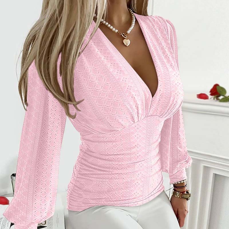 Women's Sexy V-Neck Solid Color Hollow Pattern Waist Long Sleeve Top