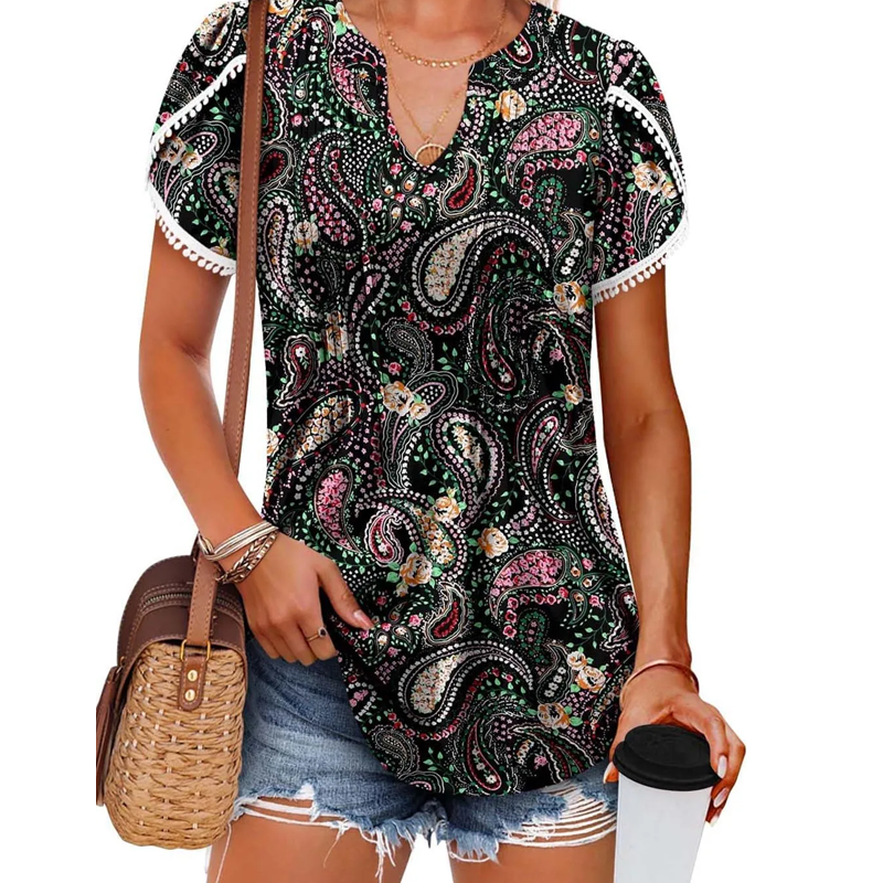 Women's Cute Fringe Cuff Short-Sleeve Printed Tops