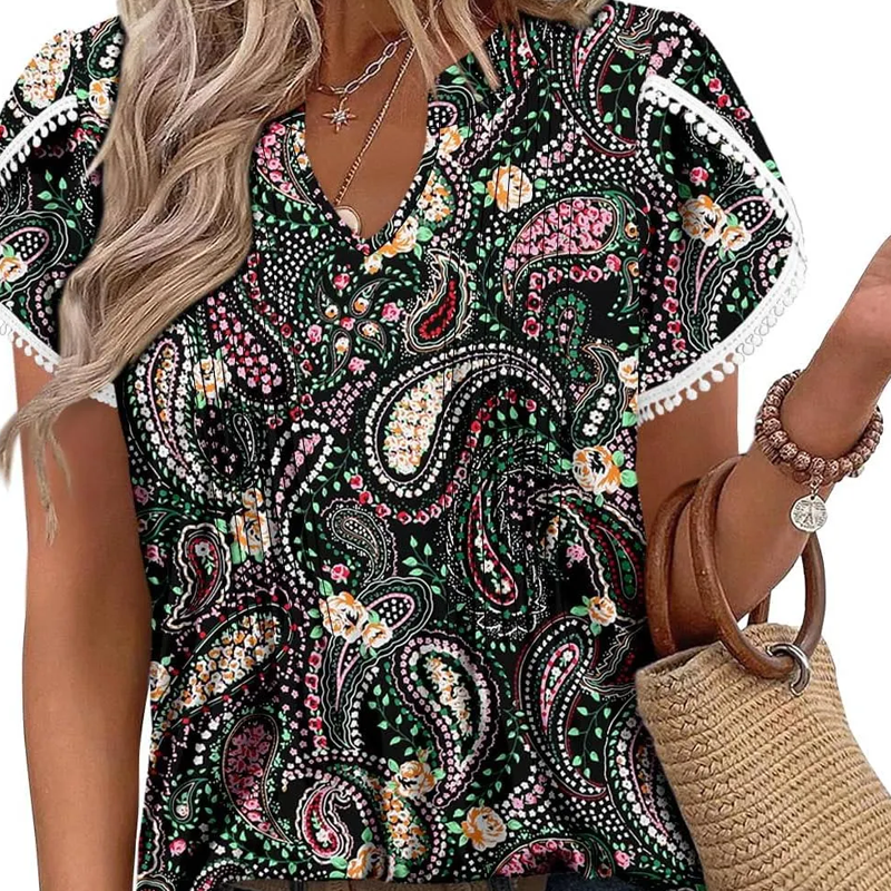Women's Cute Fringe Cuff Short-Sleeve Printed Tops