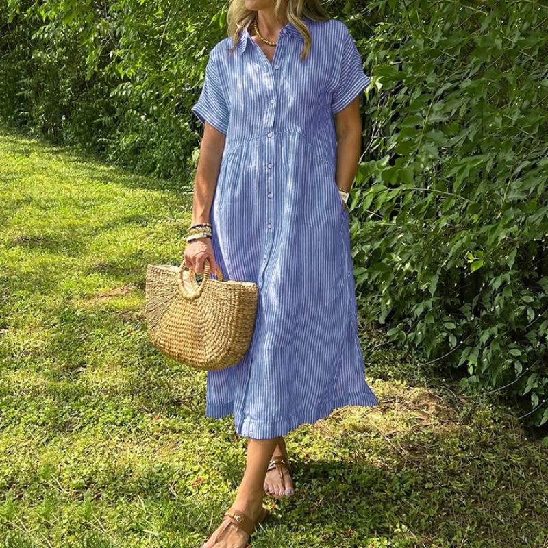 NEW🔥 Striped Lapel Button Down Shirt Dress | With Functional Pockets