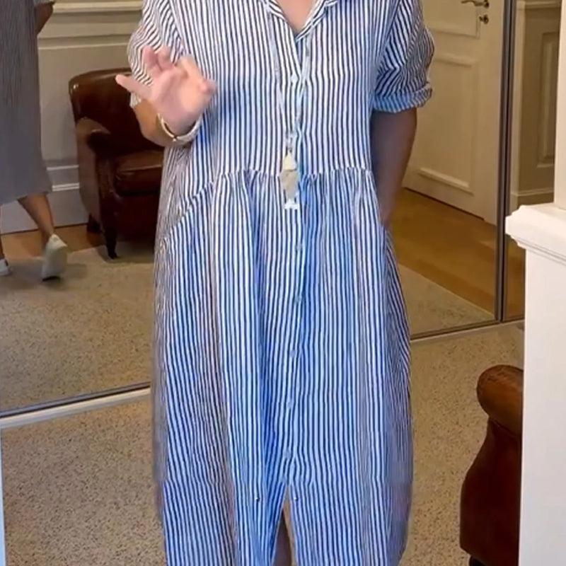 NEW🔥 Striped Lapel Button Down Shirt Dress | With Functional Pockets
