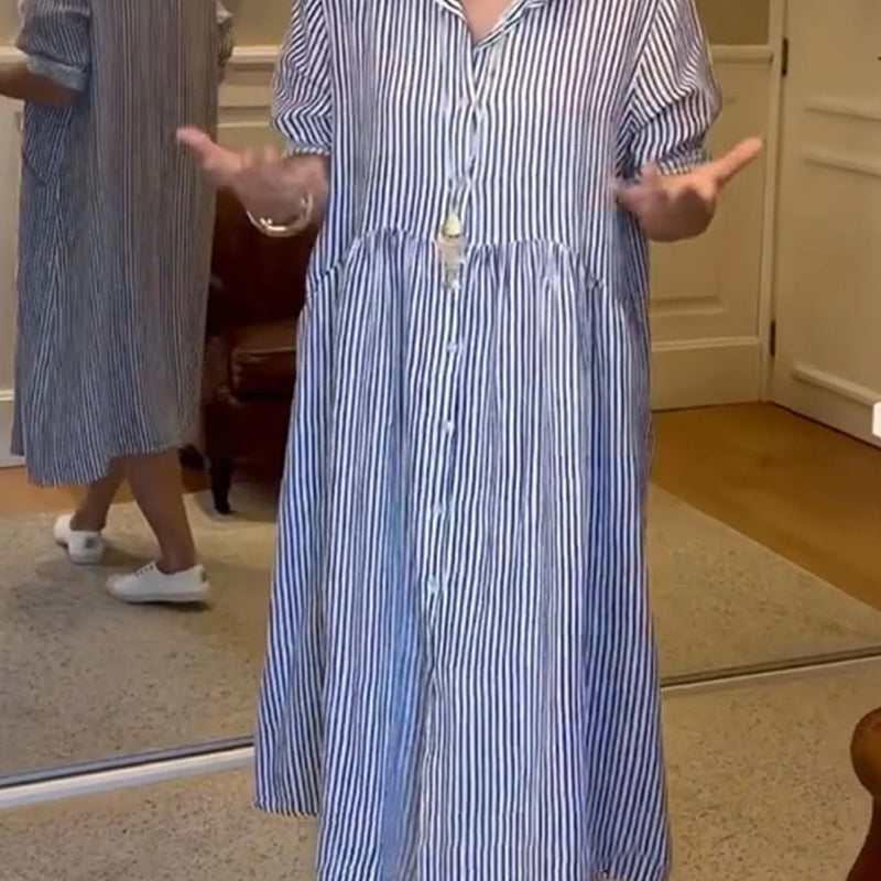 NEW🔥 Striped Lapel Button Down Shirt Dress | With Functional Pockets