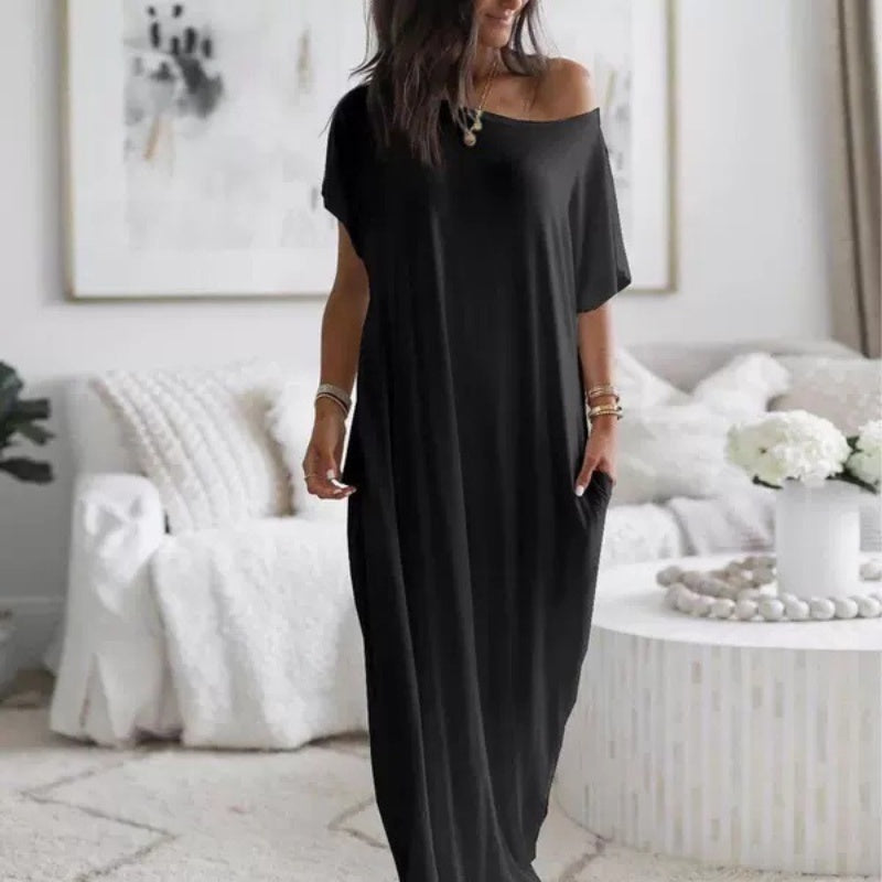 🔥Last Day Special Discount💃Women's Summer Casual Loose Solid Color Short-Sleeve Long Dress