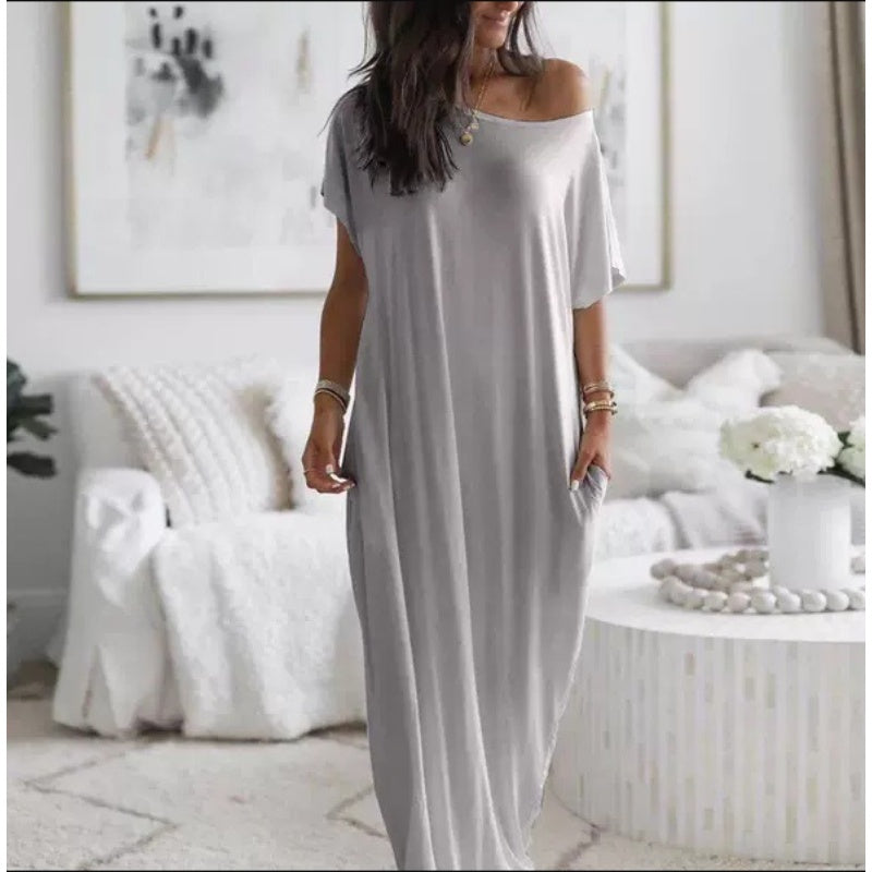 🔥Last Day Special Discount💃Women's Summer Casual Loose Solid Color Short-Sleeve Long Dress