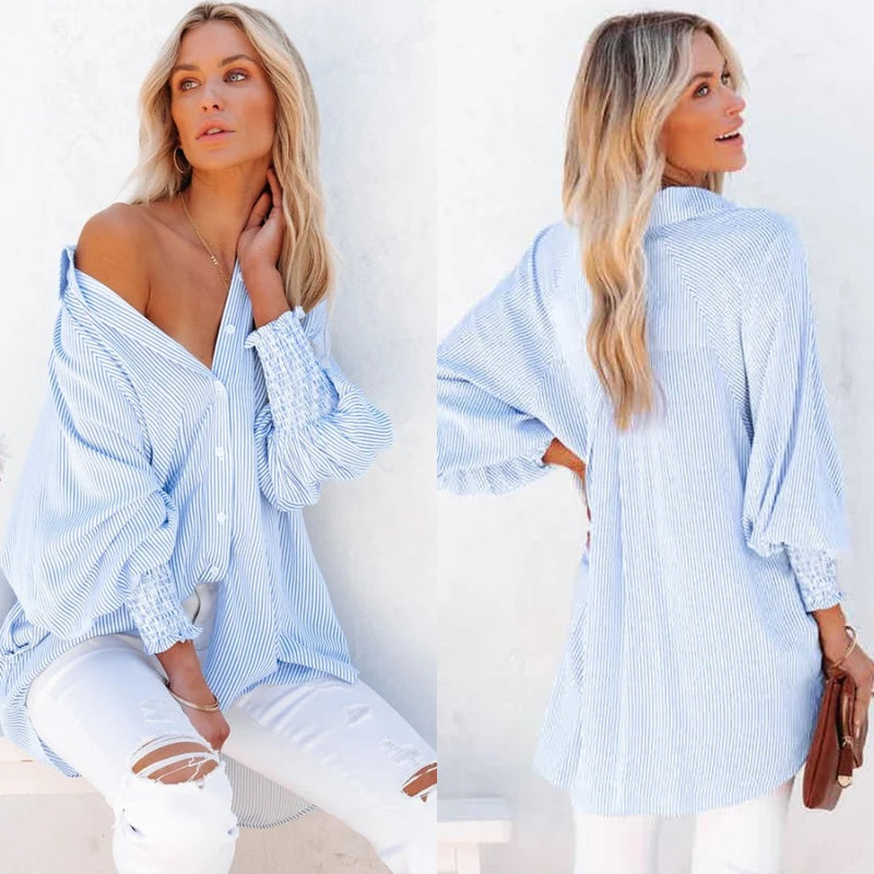 ð¥Women's Striped Shirt with Elastic Sleeves