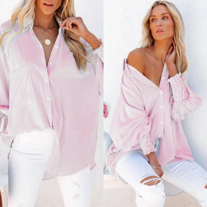 ð¥Women's Striped Shirt with Elastic Sleeves