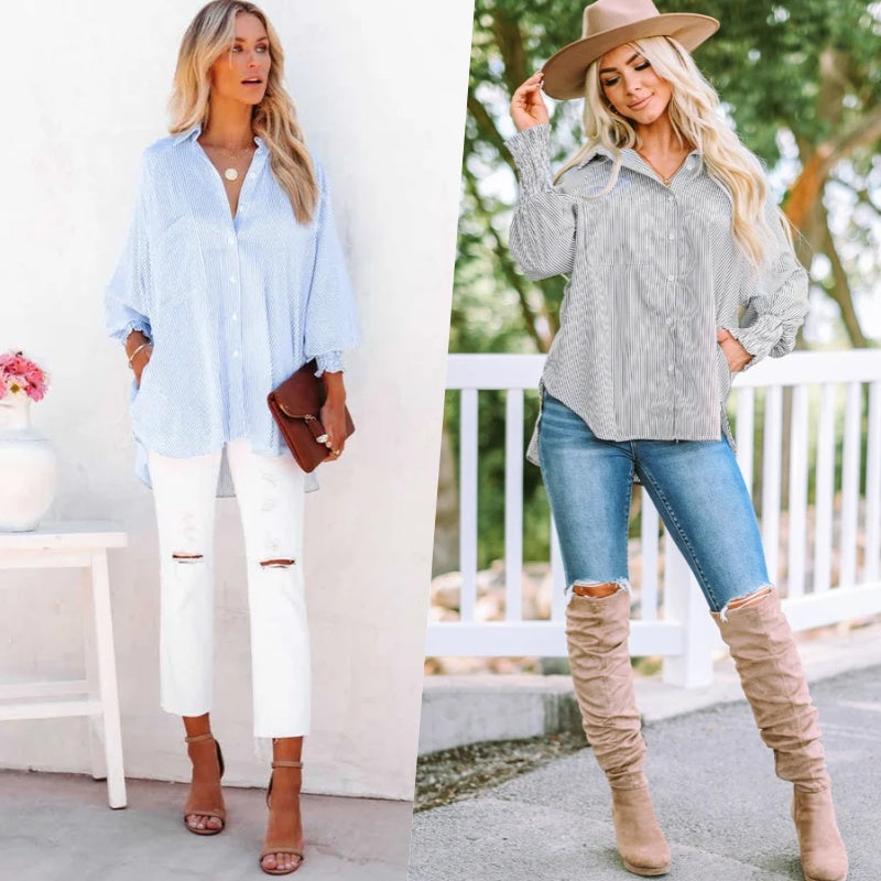 ð¥Women's Striped Shirt with Elastic Sleeves