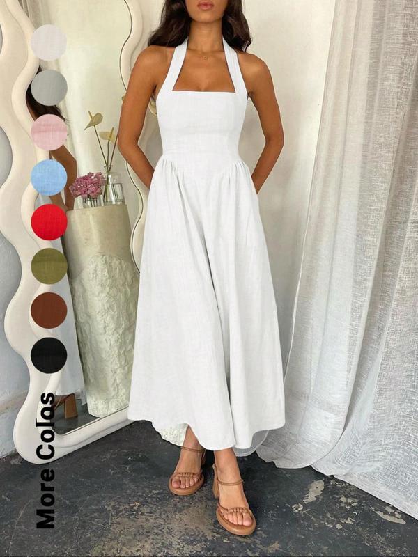 🎉Hot Sale💃Women's Square Neck Slimming Waist Hanging Neck Backless Dresses