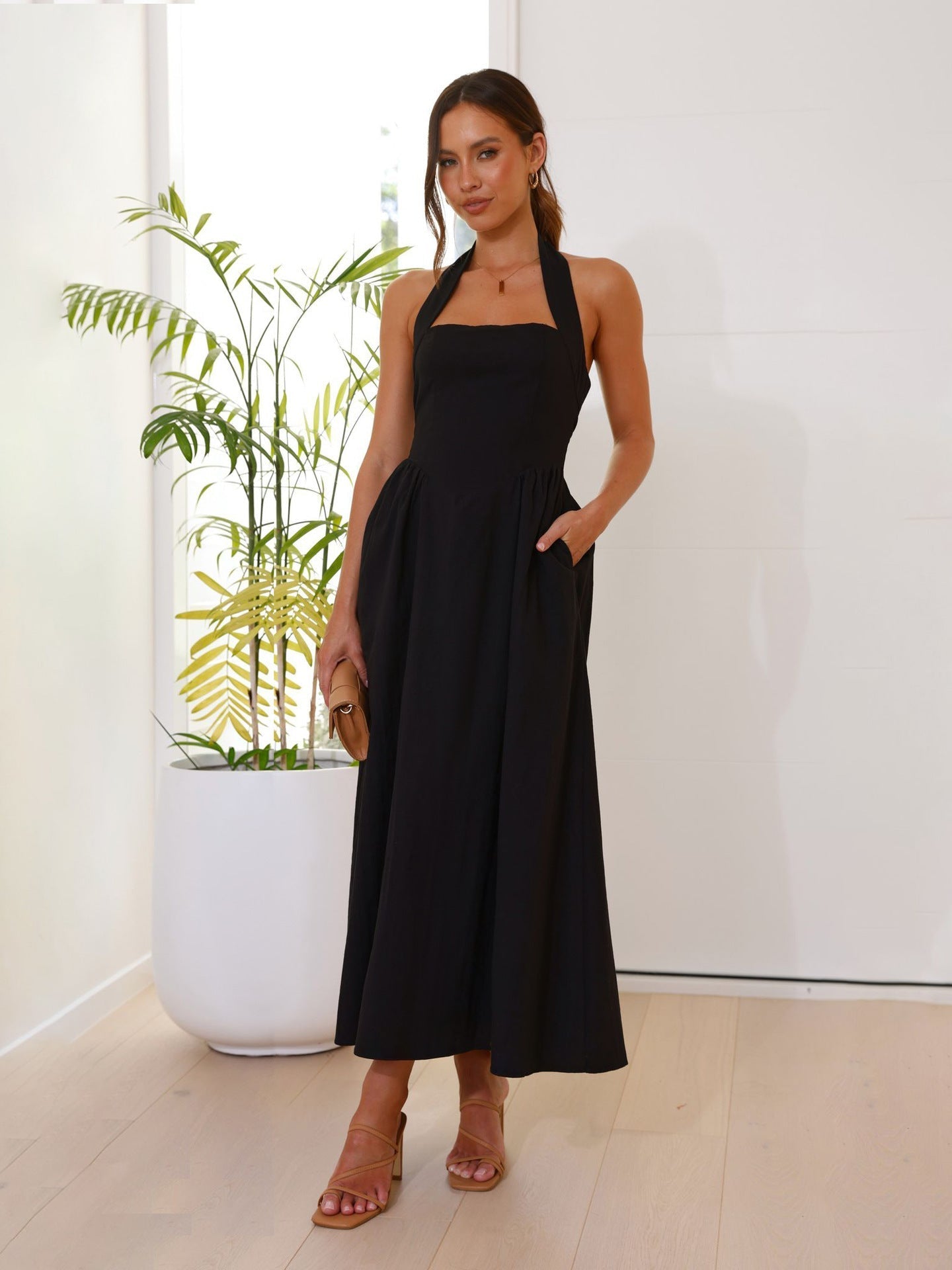 🎉Hot Sale💃Women's Square Neck Slimming Waist Hanging Neck Backless Dresses