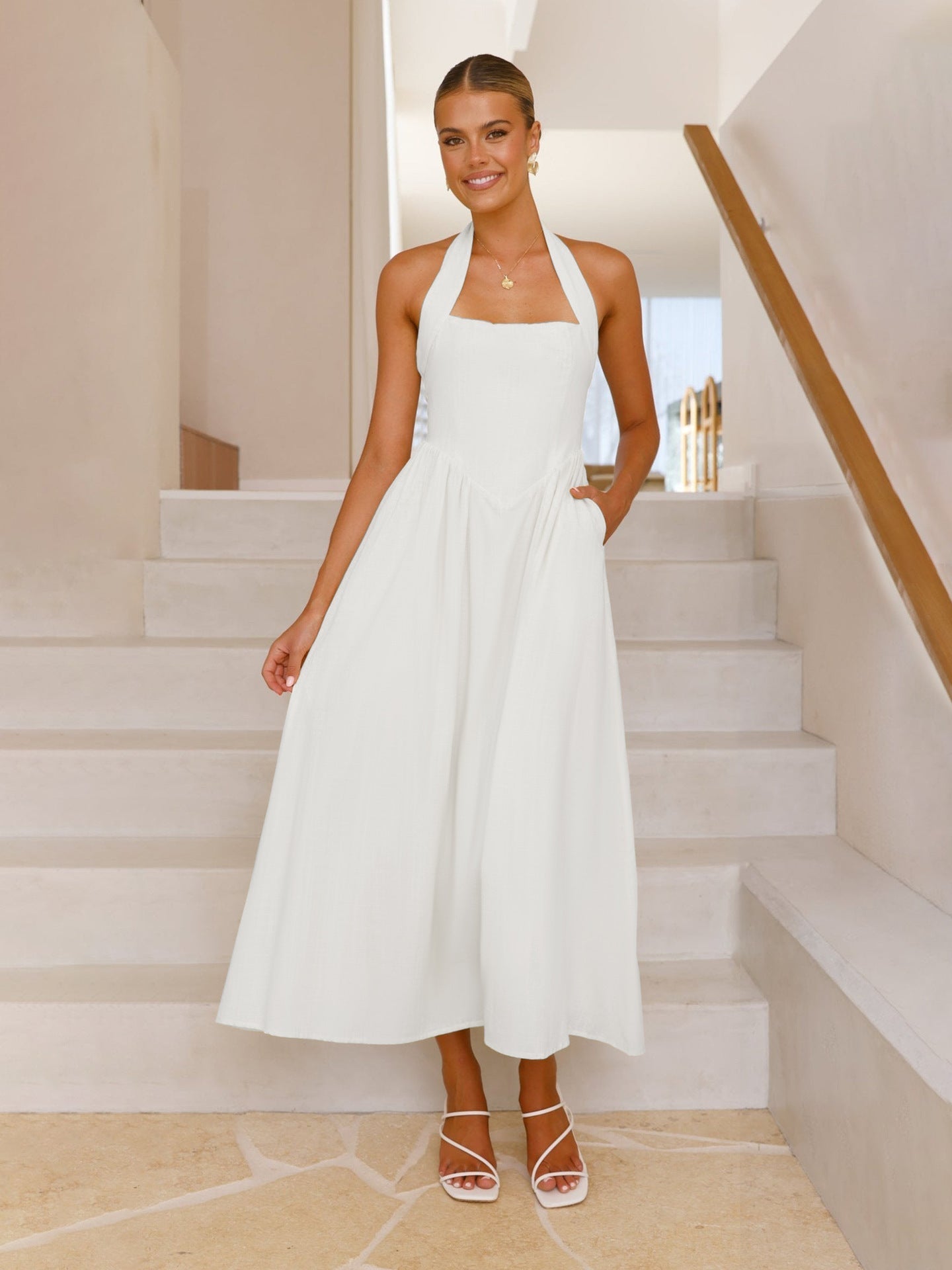 🎉Hot Sale💃Women's Square Neck Slimming Waist Hanging Neck Backless Dresses