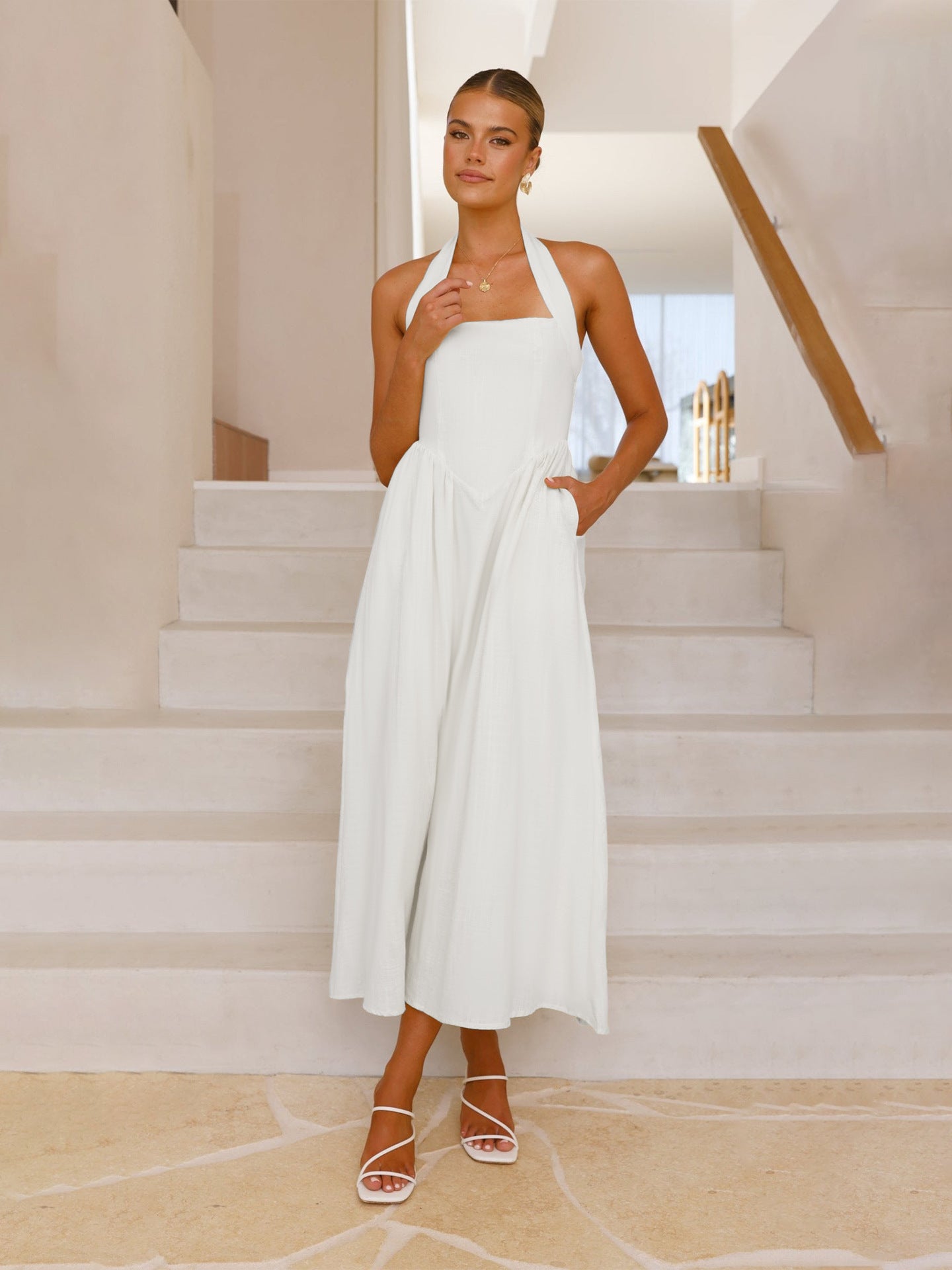 🎉Hot Sale💃Women's Square Neck Slimming Waist Hanging Neck Backless Dresses