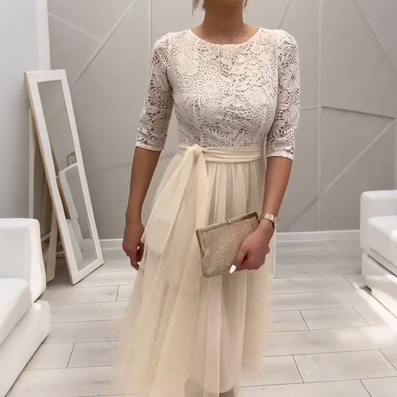 Elegant Lace-Neck Mesh Midi Dress
