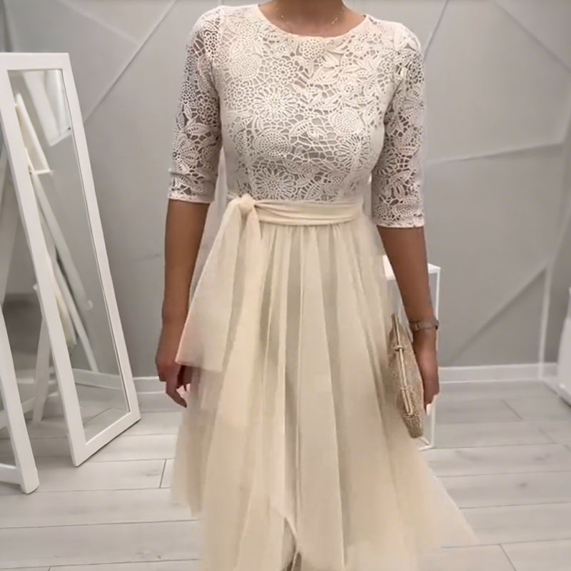 Elegant Lace-Neck Mesh Midi Dress