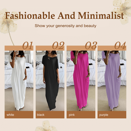 🔥Last Day Special Discount💃Women's Summer Casual Loose Solid Color Short-Sleeve Long Dress