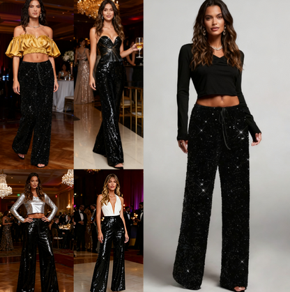 💖LAST DAY SALE 50% OFF💃Women's Sequin Sparkle Wide Leg Pants with Elastic Waistband
